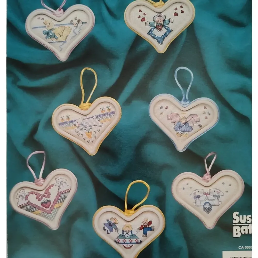 Susan Bates Sweet Hearts Cross Stitch Patterns Baby, Lamp, Cow, Bunny, Cat, Bear